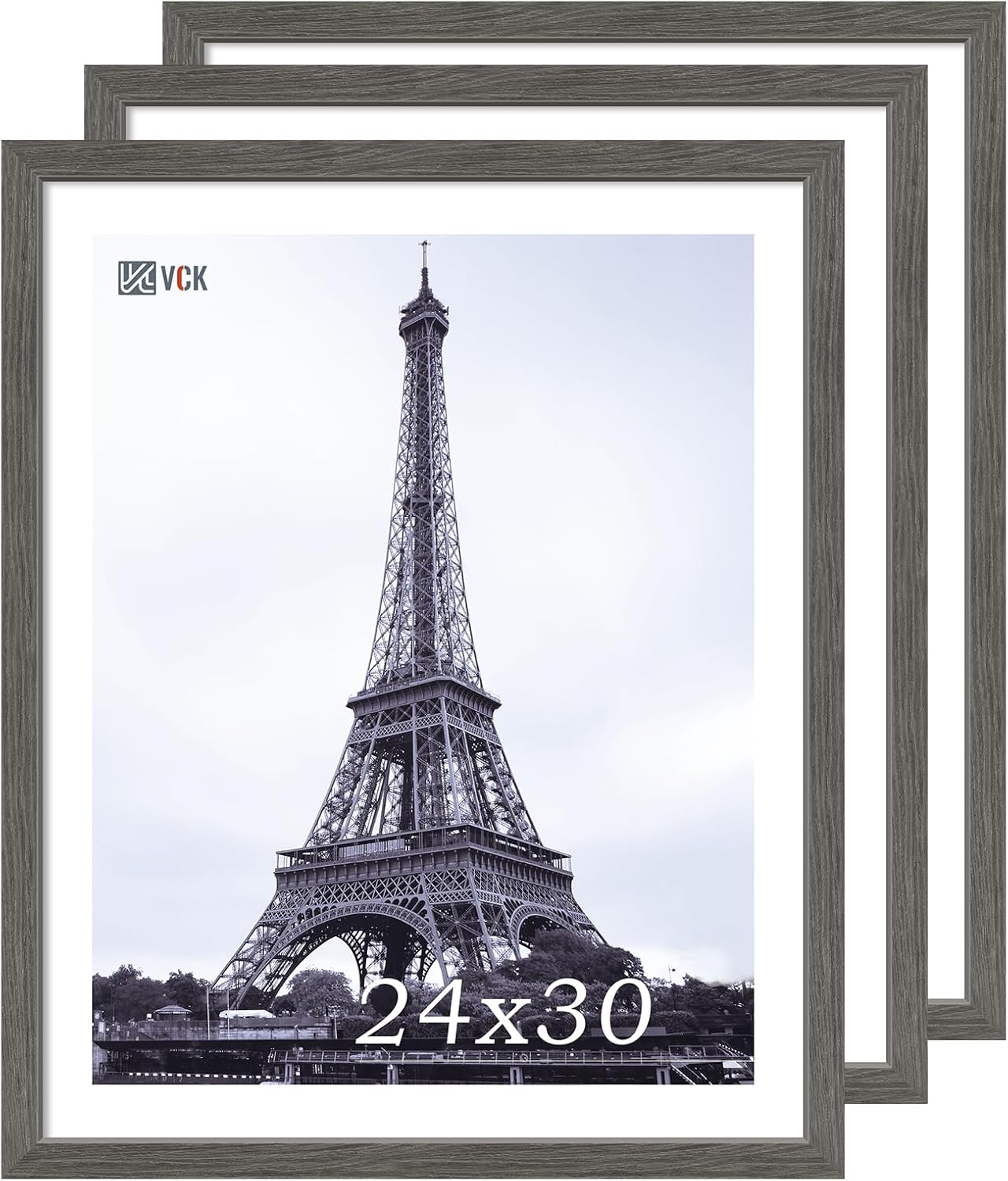 VCK 24x30 Frame Set of 3, Gray Solid Wood Poster Picture Frame, Exclusive Wood Grain, Wall Mounting