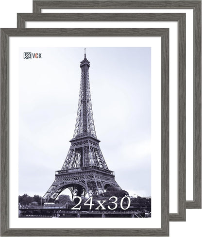VCK 24x30 Frame Set of 3, Gray Solid Wood Poster Picture Frame, Exclusive Wood Grain, Wall Mounting