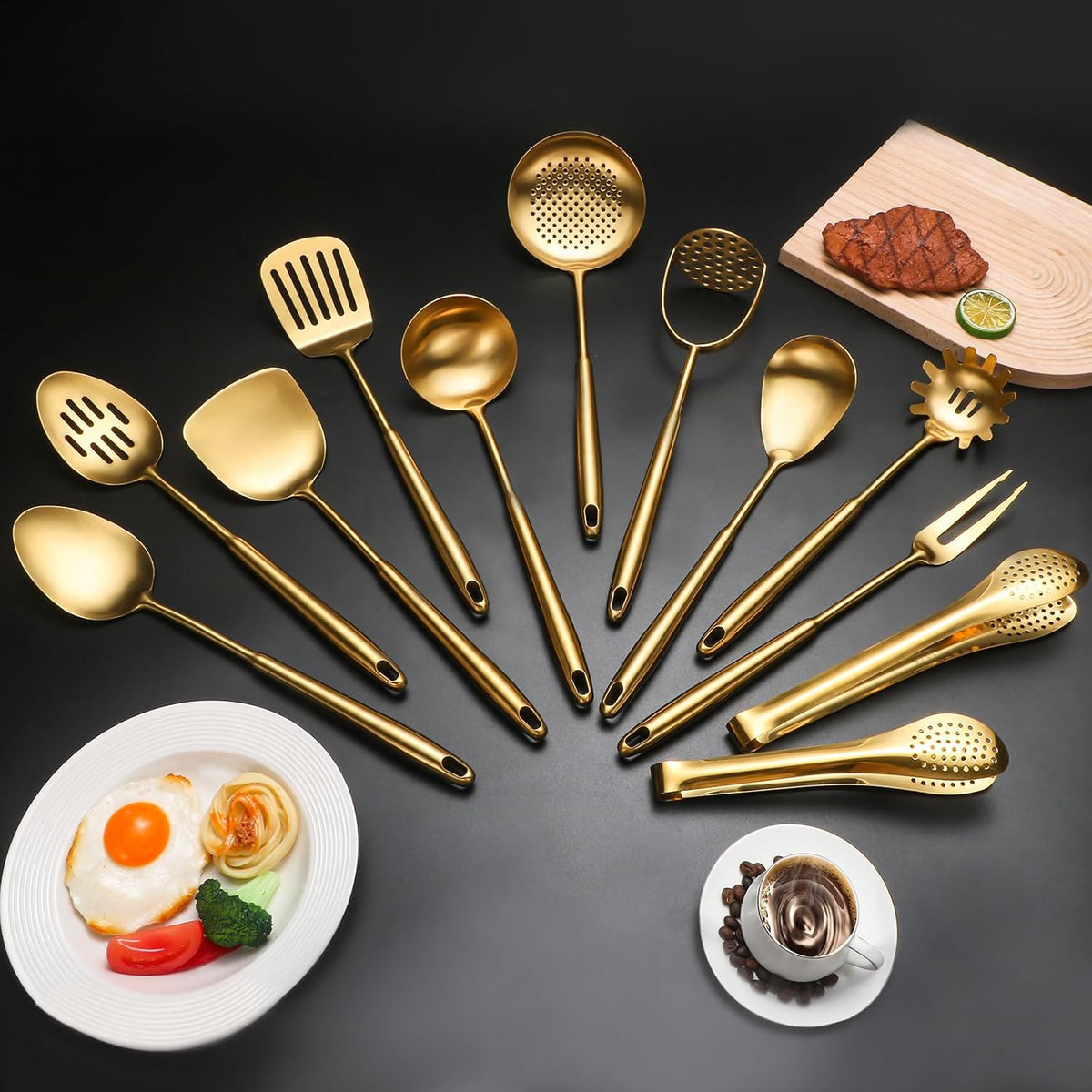 304 Stainlss Steel Matte Kitchen Utensils Set, 12 Pcs Long Metal Cooking Utensil Gadgets Tools Set