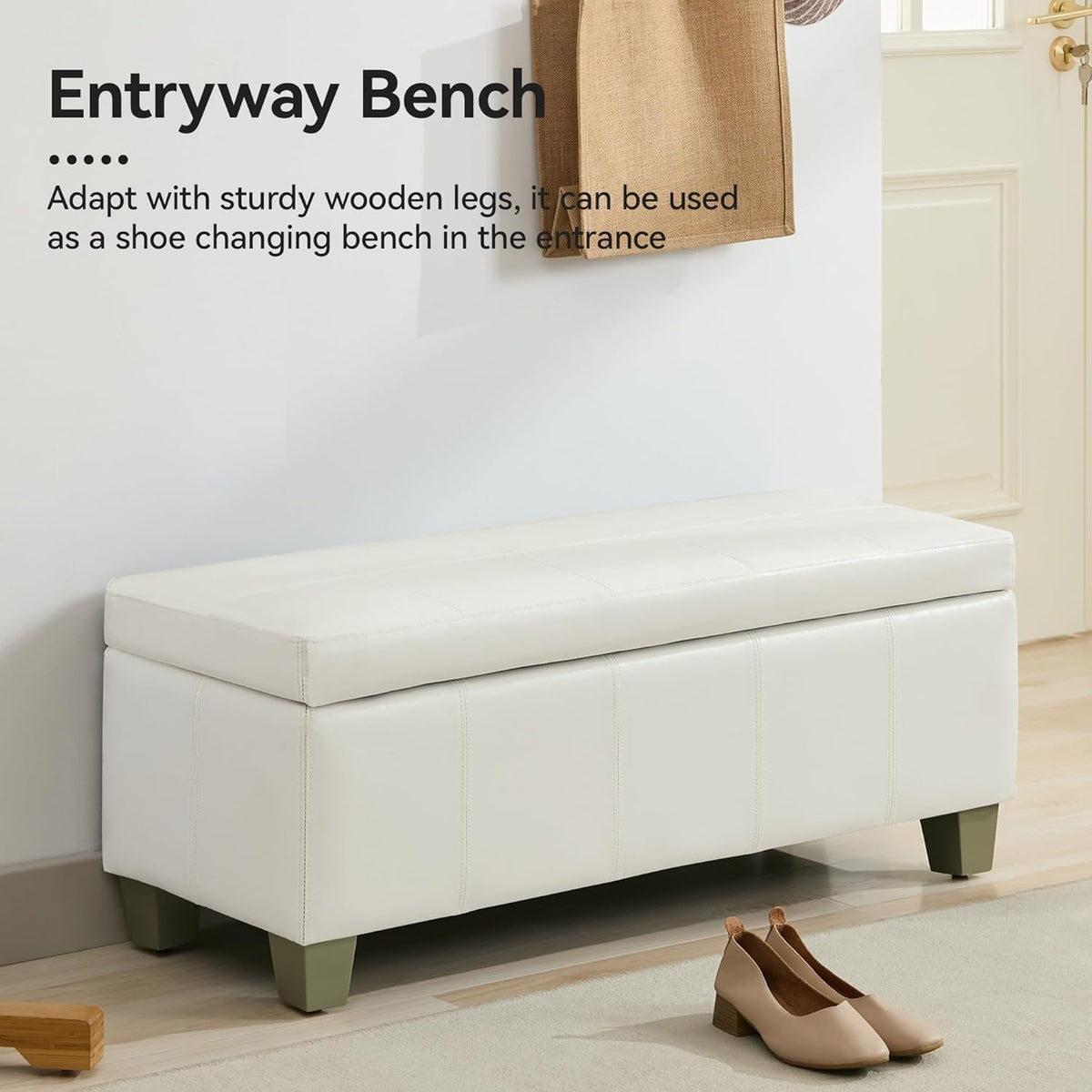 51" Faux Leather Storage Ottoman, Stitch Tufted Rectangle Upholstered End of Bed Storage Bench
