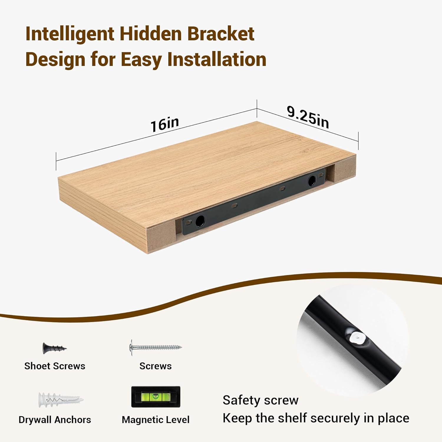 16 Inch Floating Shelves, 3D Textured Wood Grain, 16"x9.25"x1.5" Inch Deep Floating Shelves for