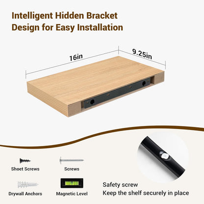 16 Inch Floating Shelves, 3D Textured Wood Grain, 16"x9.25"x1.5" Inch Deep Floating Shelves for
