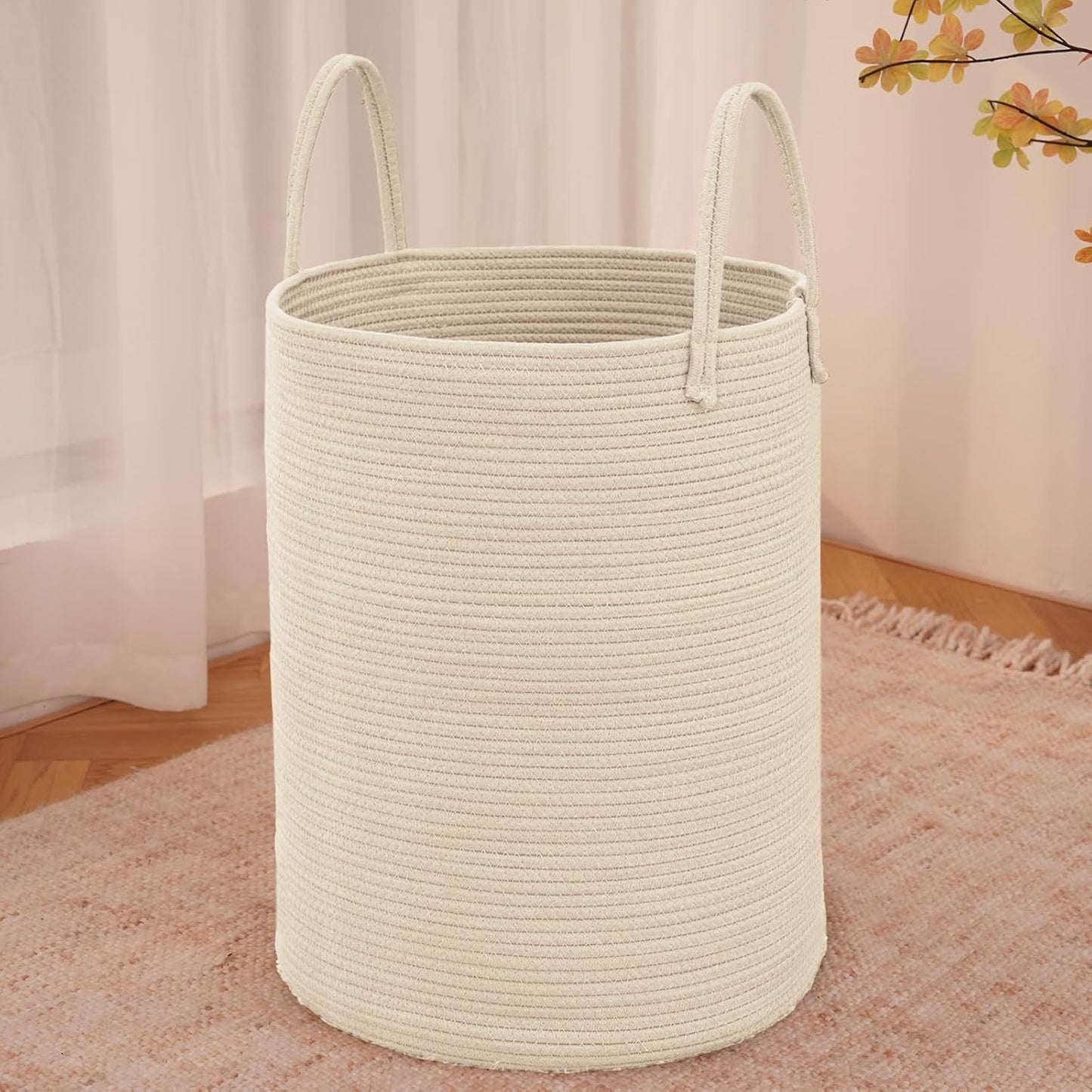 Large Woven Laundry Basket Hamper,60L Cotton Rope Storage Bin for Blankets,Toys and