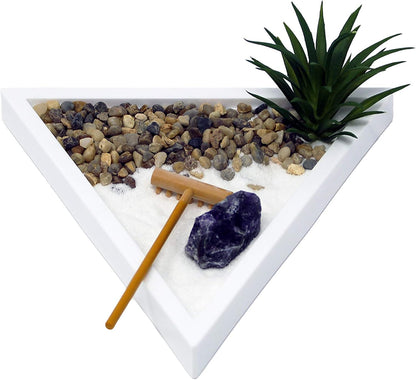 Nature's Mark Mini Zen Garden Kit for Desk with White Sand, Rake, White Base, Salt Rock and Air