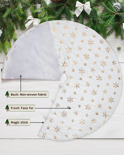 COOLWUFAN 48 Inches Christmas Tree Skirt for Xmas Tree Holiday Party Decoration White Plush Gold