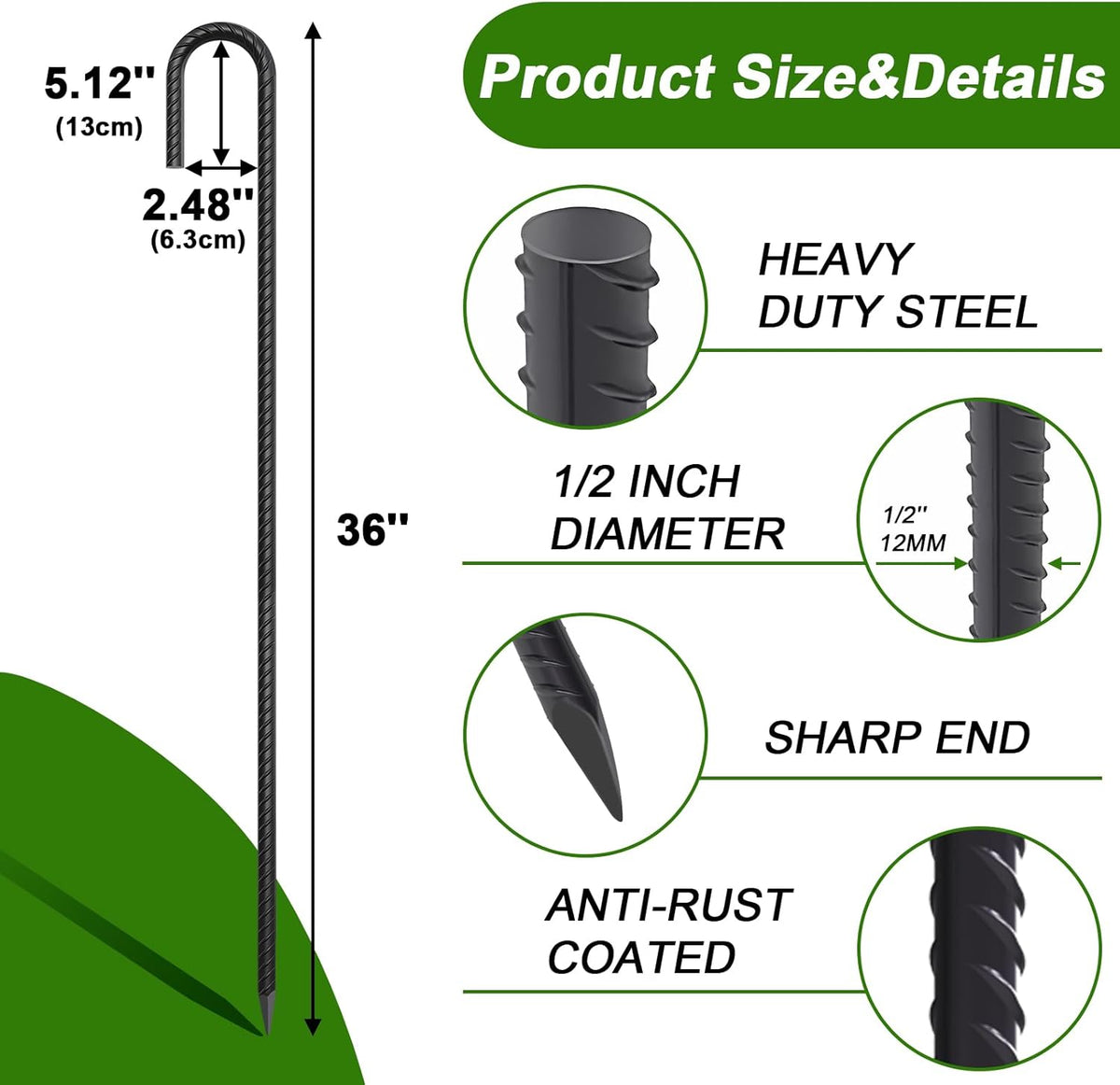 AAGUT 36 Inches 10 Pack J Hook 1/2" Rebar Stakes Heavy Duty Tent Stakes with Chisel Point End