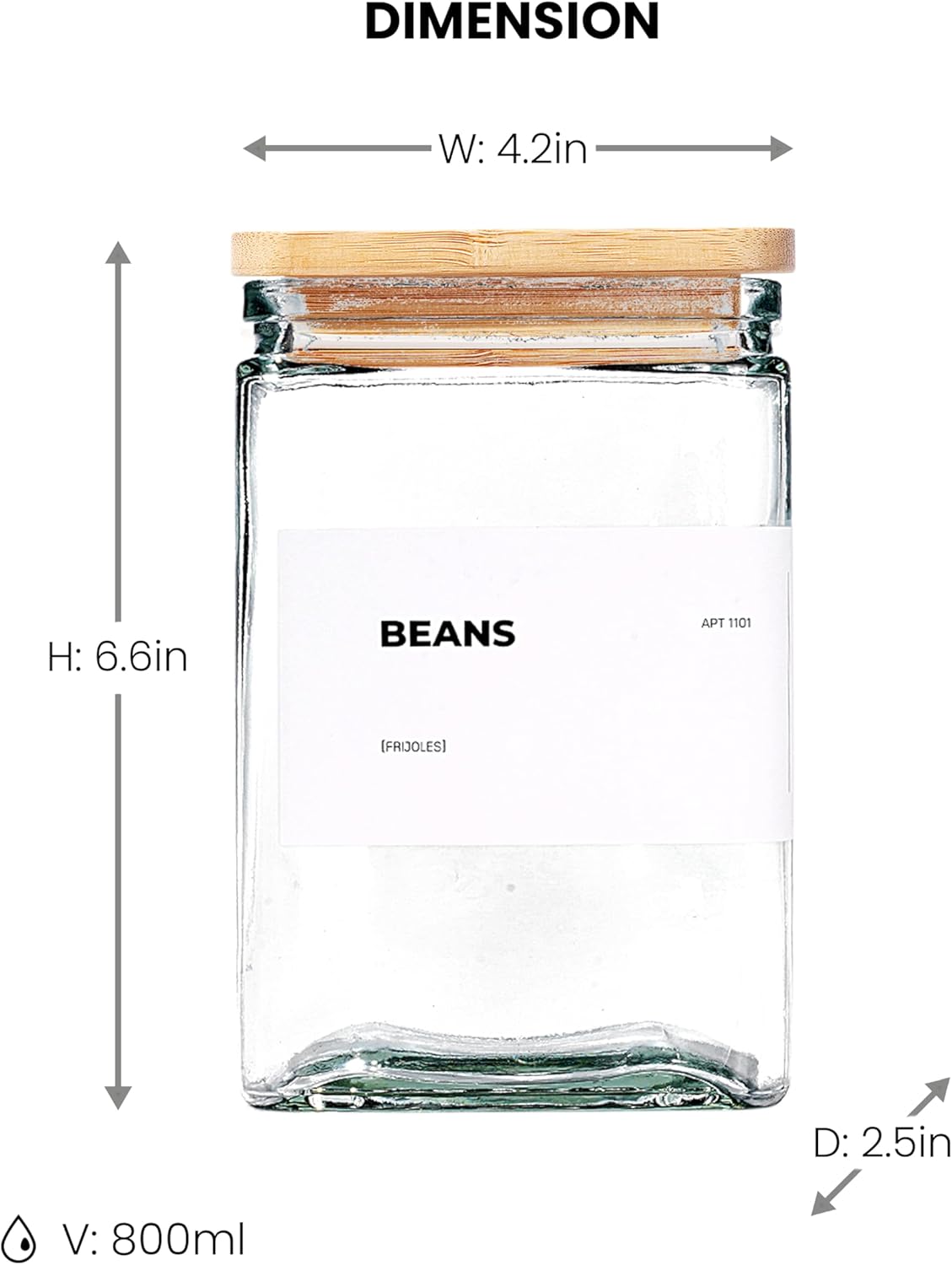 27 oz Glass Storage Jars with Bamboo Lid, set of 6, glass canisters with airtight lids, Clear jars