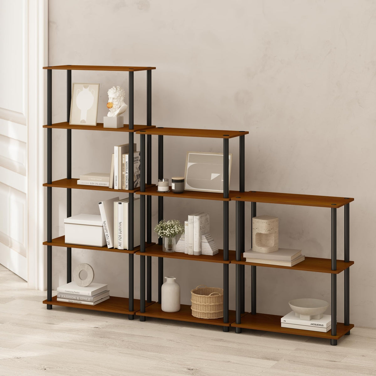 Furinno Turn-N-Tube Storage Shelves, 4-Tier Book Shelf, Corner Shelf, Toolless Open Shelves, for