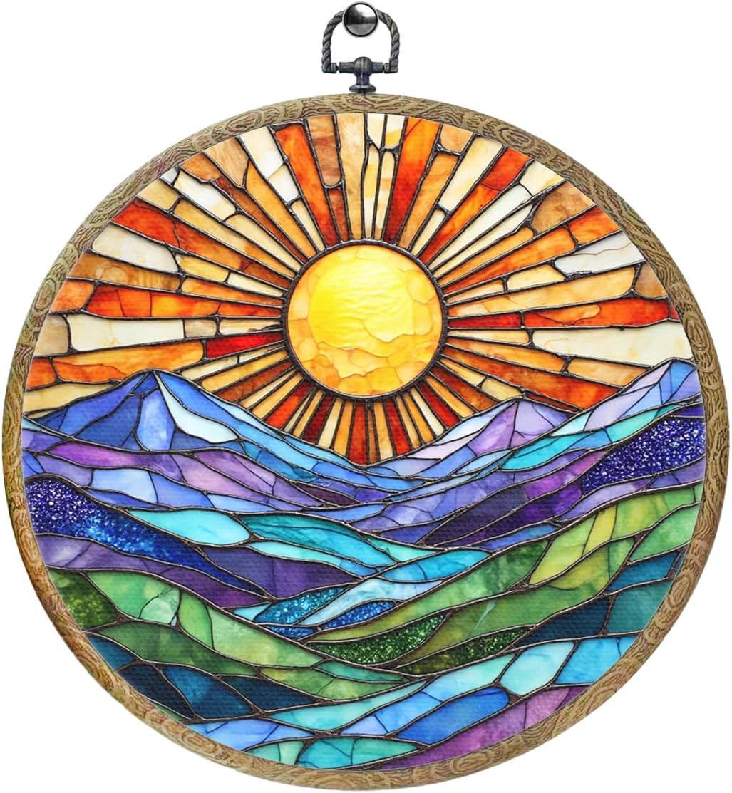 Colorful Mountain Sunset Bohemian Style Rainbow Sunrise Art Gift Framed Round Wall Decor Canvas