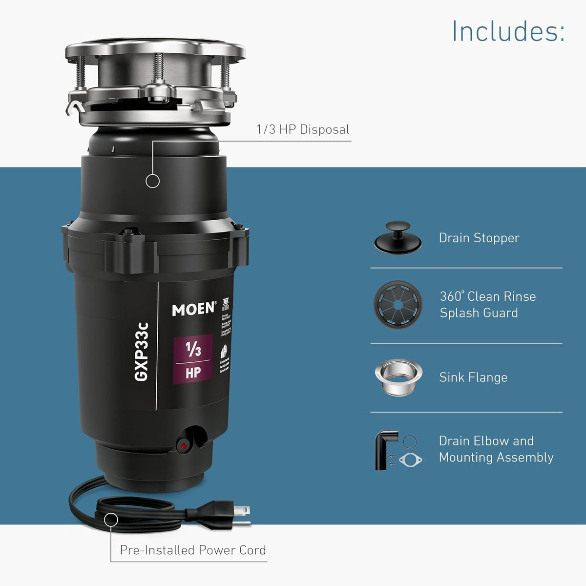 Moen Lite Series PRO Compact Continuous Feed Garbage Disposal for Kitchen Sink with Power Cord