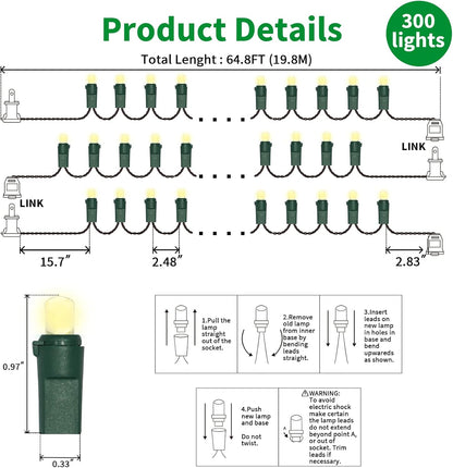 Warm White Wide Angle LED String Lights, 64.8 Ft 300 Count, Pack of 3 Strands 21.9 Ft 100 Lights UL