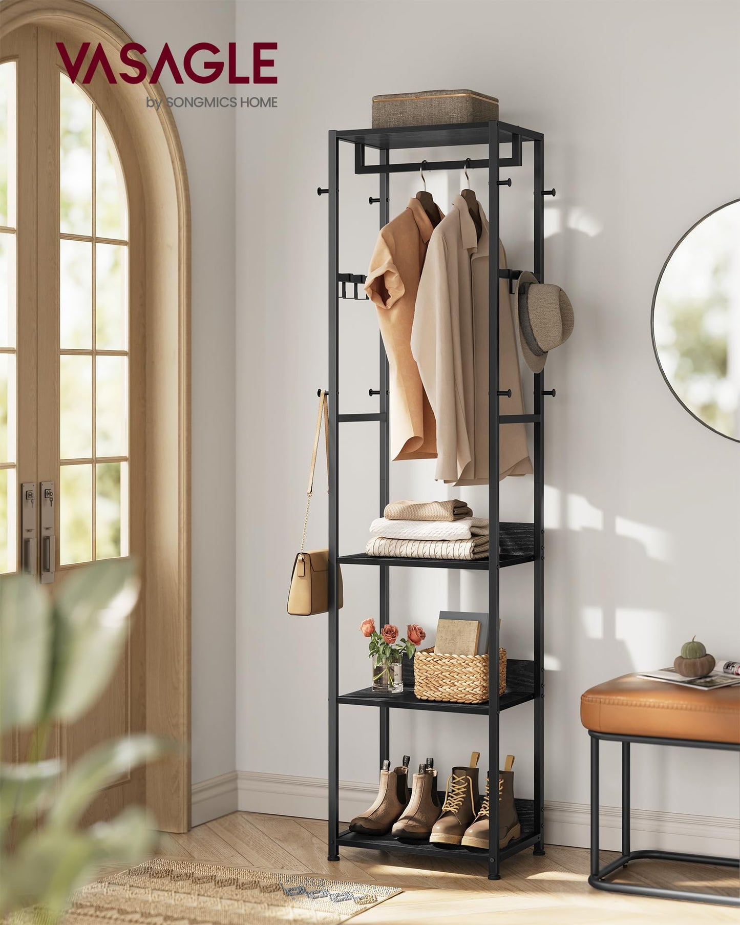 VASAGLE Coat Rack, Freestanding Hall Tree with Shelves, Hanging Rail, and Hooks, Space-Saving Coat
