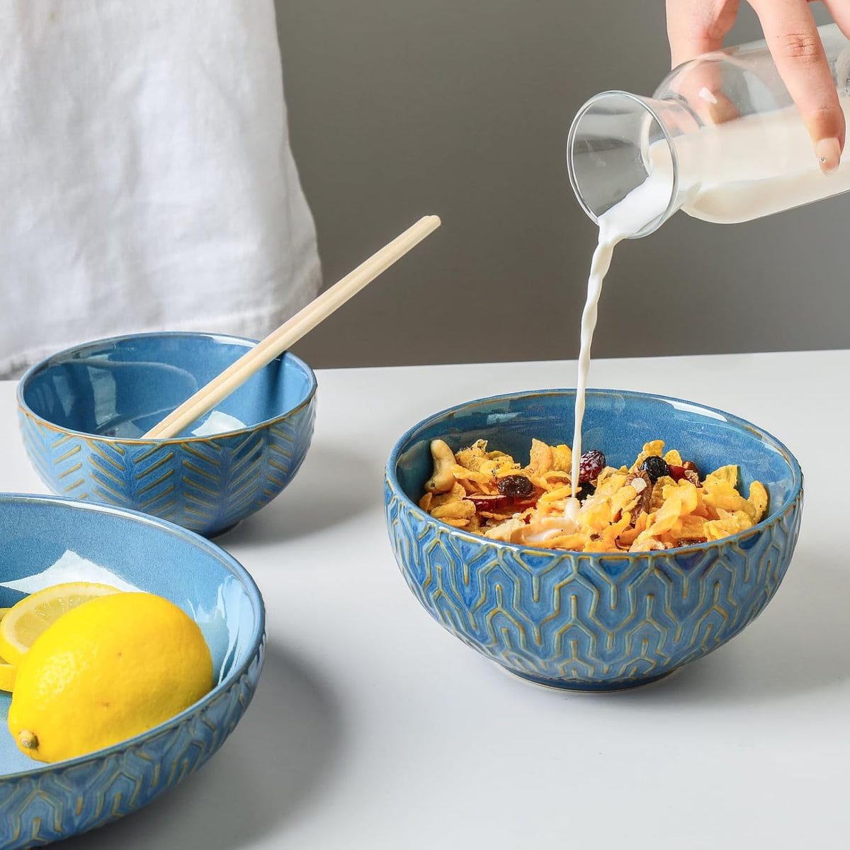 Sureasy Ceramic Cereal Bowls Set of 4-25 oz Blue Soup Bowls for Kitchen, Perfect for Soup, Pasta