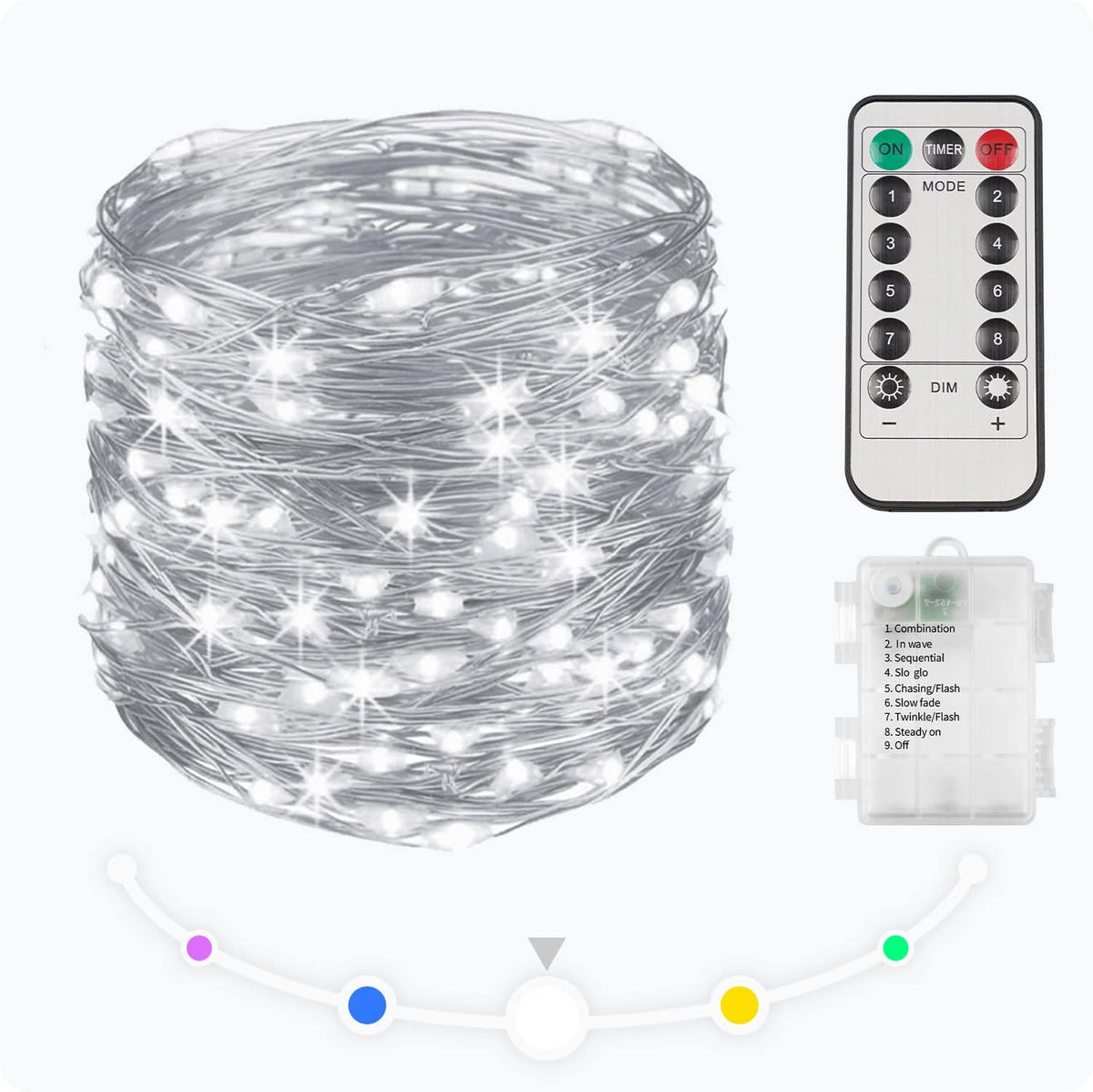 suddus 33ft 100 LED Outdoor String Lights, White Fairy Lights Battery Operated with Remote, Led