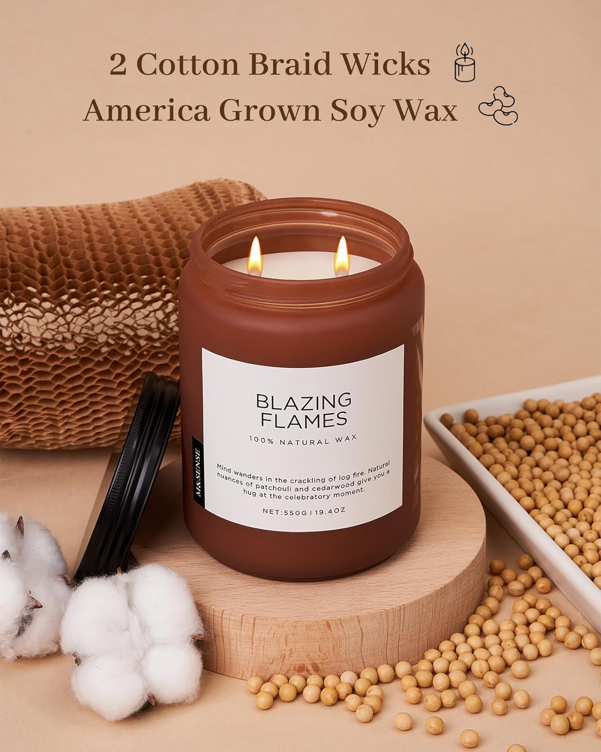 M&SENSE Blazing Flames Scented Candles with Log Fire - Patchouli & Cedarwood, Large Natural Soy