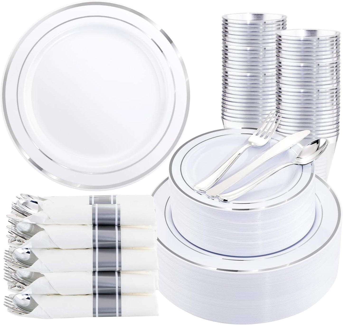 350Piece Silver Plastic Dinnerware Set for 50 Guests - Silver Plastic Plates with Cutlery