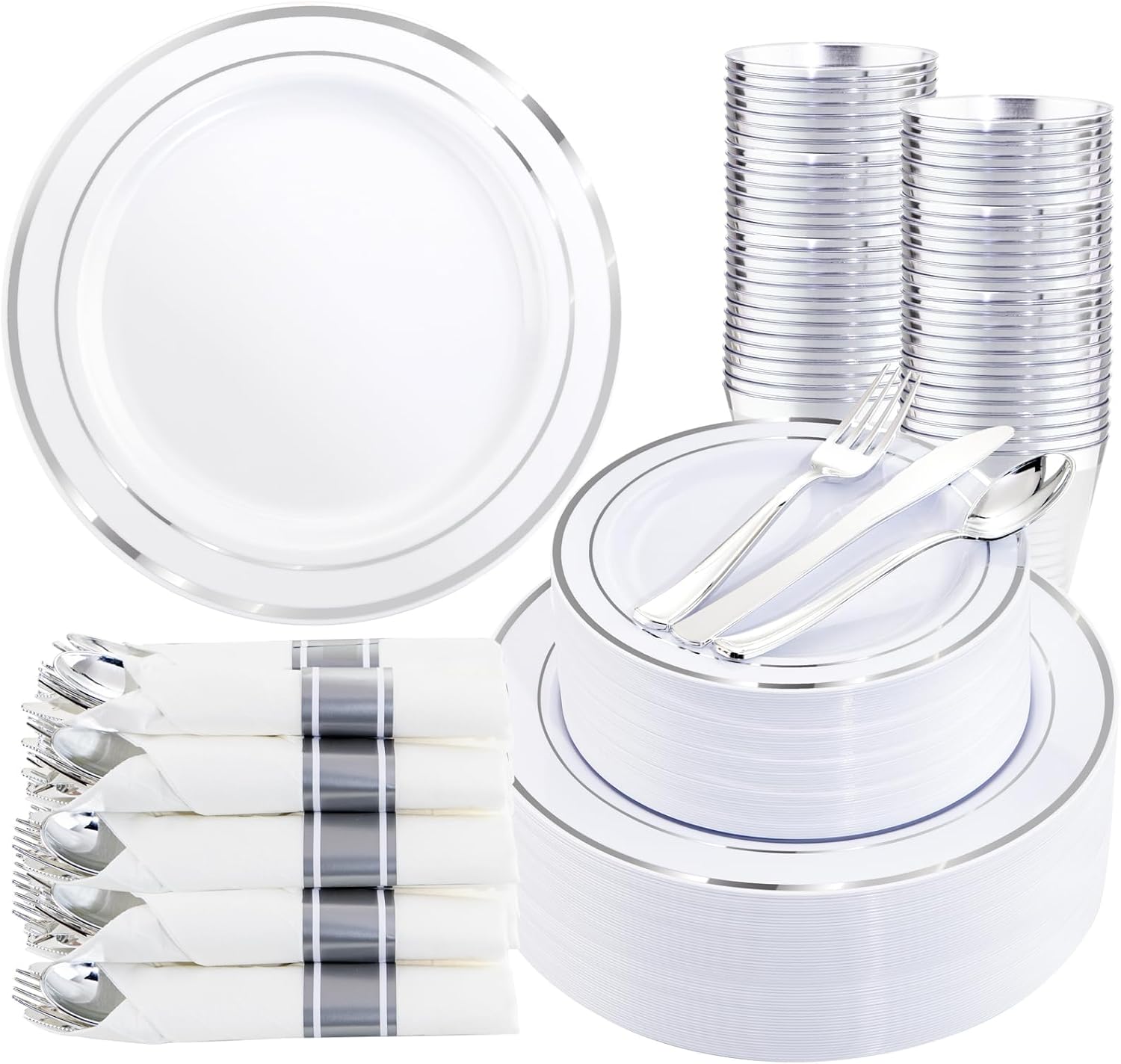 350Piece Silver Plastic Dinnerware Set for 50 Guests - Silver Plastic Plates with Cutlery