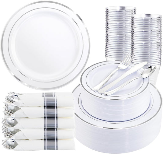 350Piece Silver Plastic Dinnerware Set for 50 Guests - Silver Plastic Plates with Cutlery