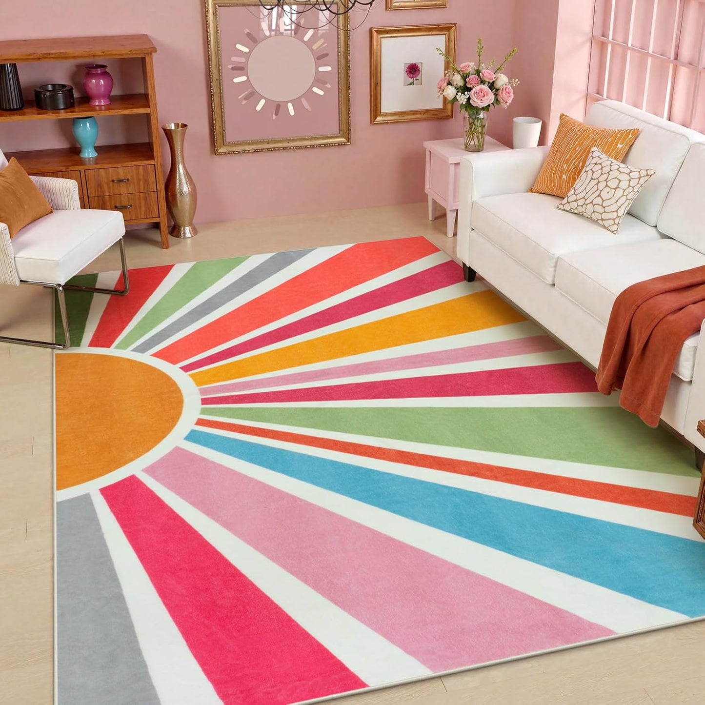 STARUIA Boho Machine Washable 6x9 Area Rugs for Living Room, Soft Non-Slip Large Sun Rainbow