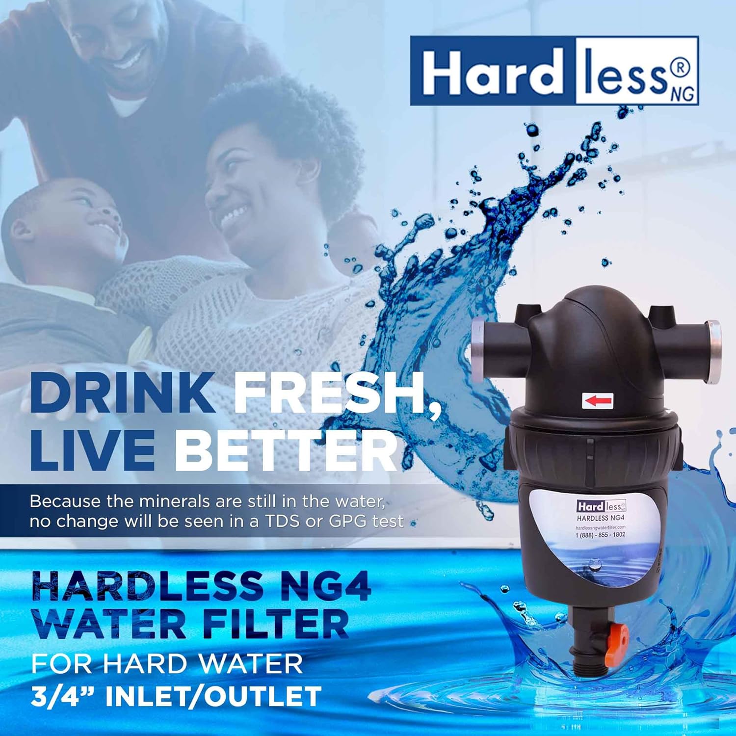 Hardless NG4 Whole House Water Filter- Salt-Free Alternative Softening Device- Reduces Limescale