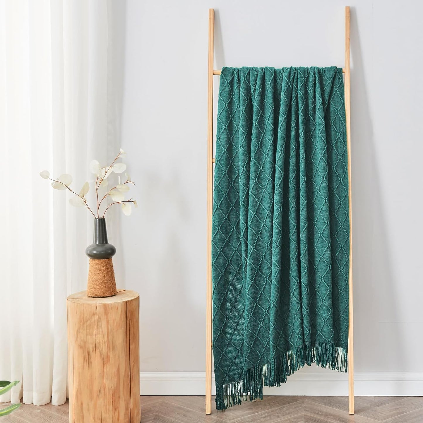 inhand Knitted Throw Blankets for Couch and Bed, Soft Cozy Knit Blanket with Tassel, Blue
