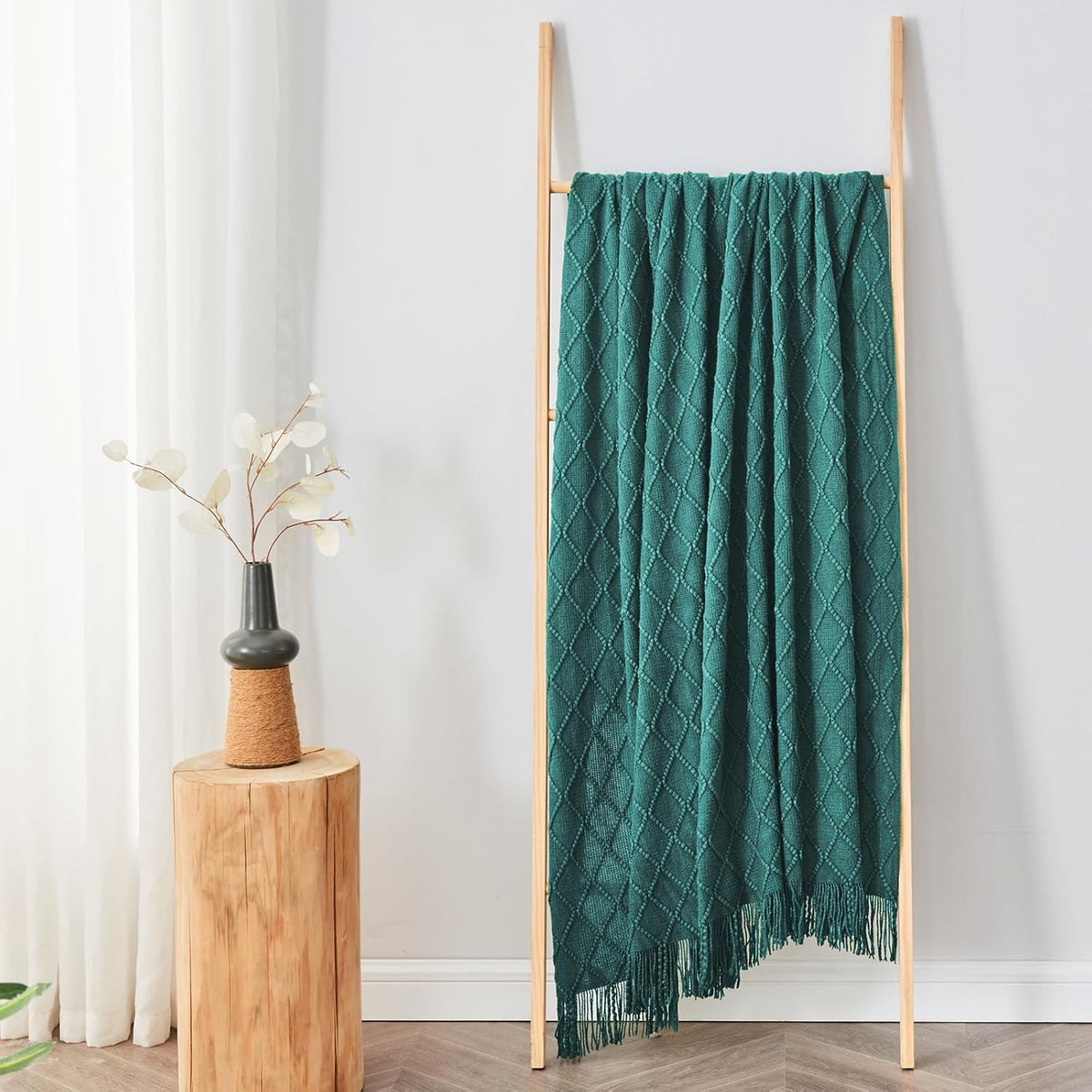 inhand Knitted Throw Blankets for Couch and Bed, Soft Cozy Knit Blanket with Tassel, Blue