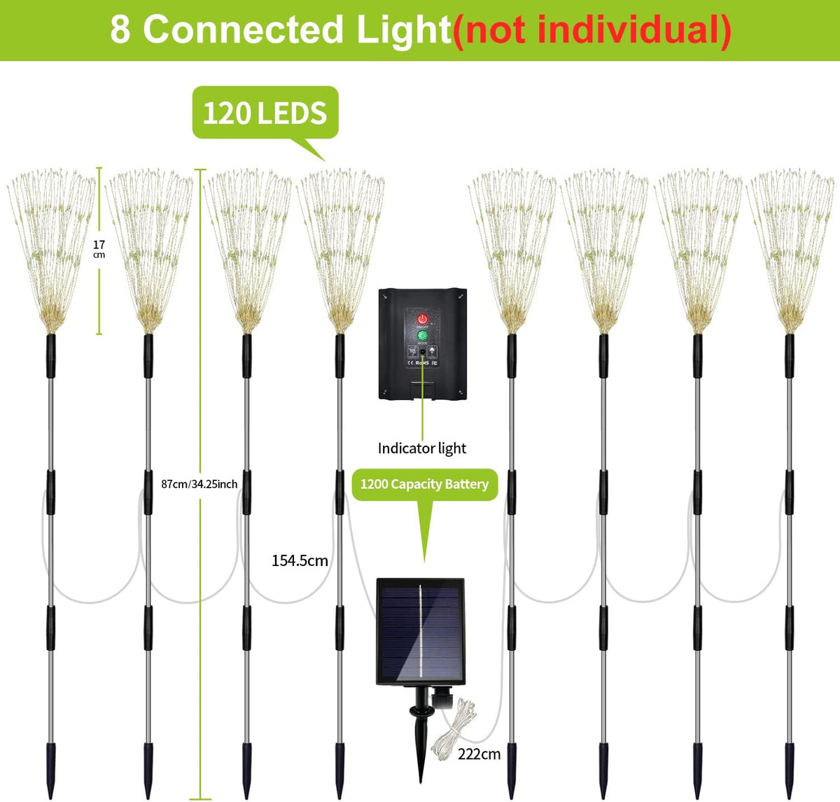 Solar Garden Firework Lights Outdoor 8 Pack, 8 Modes, 120 LED Waterproof Copper Wire DIY Solar