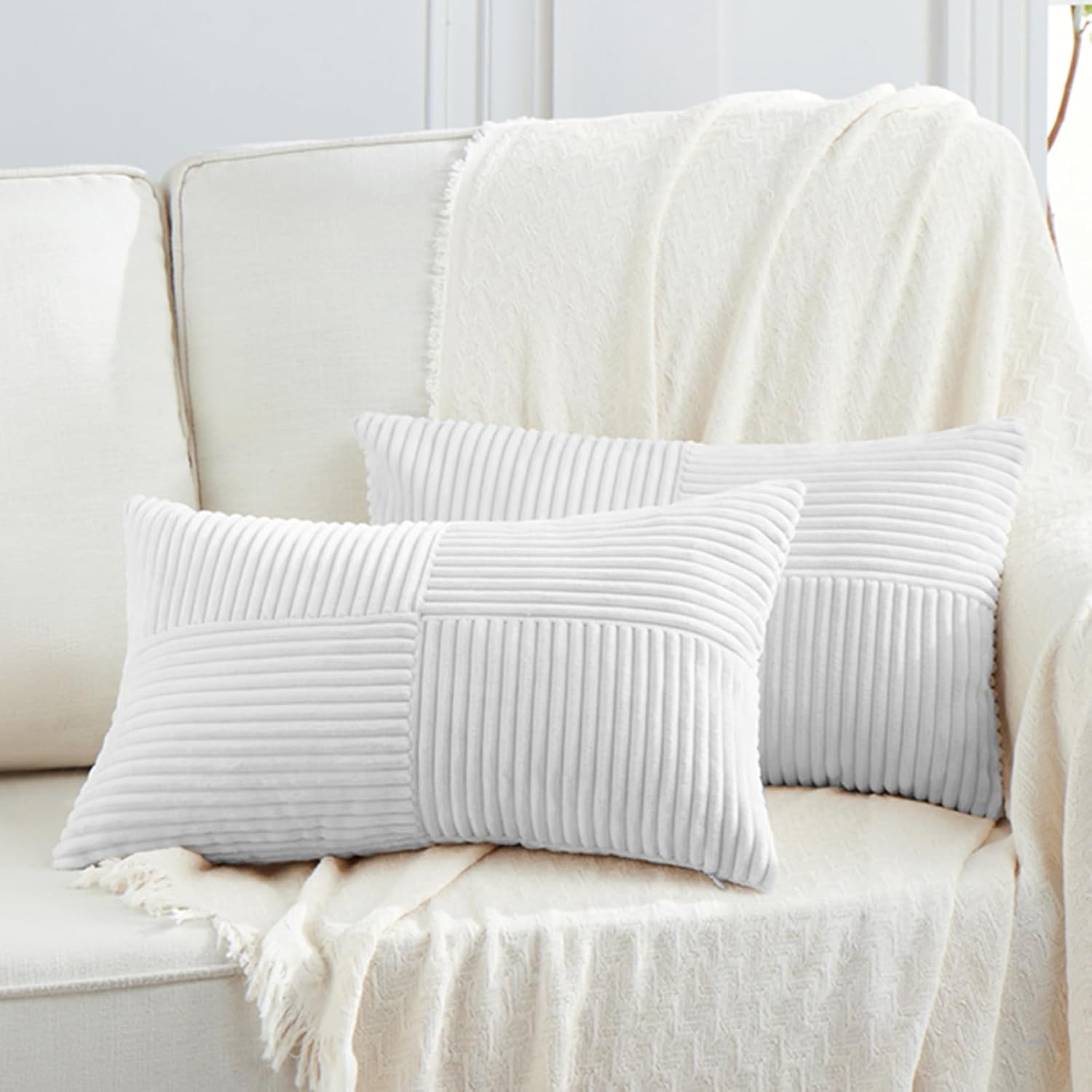 Fancy Homi 2 Packs White Lumbar Decorative Throw Pillow Covers 12x20 Inch for Living Room Couch Bed