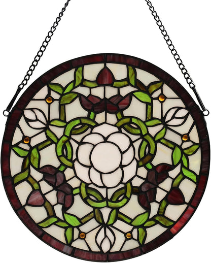 Handcrafted Stained Glass Window Panel - 12-Inch Round Floral Design with Vibrant Colors, Elegant