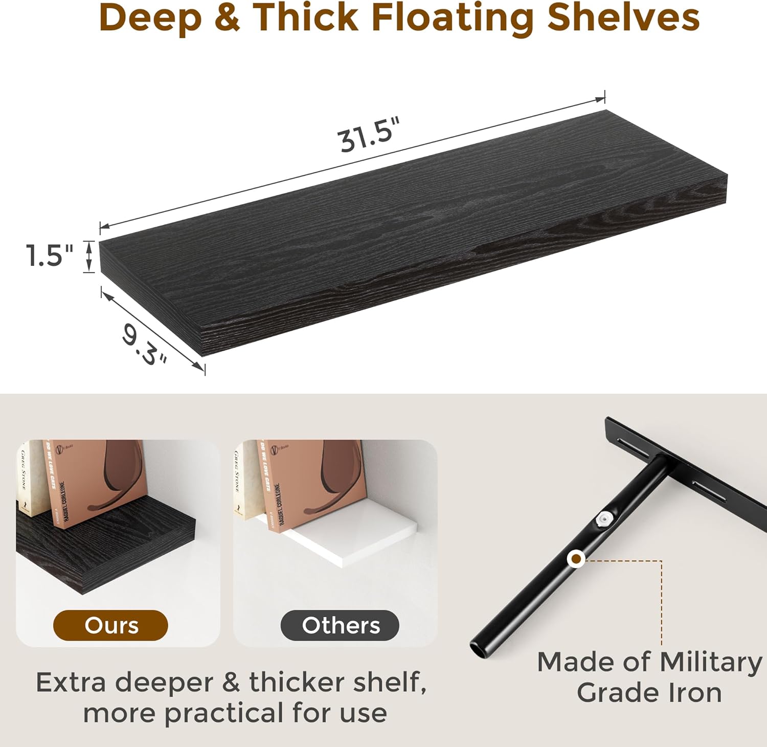 Fun Memories Black Floating Shelves 32 Inch Long, 9 Inch Deep Floating Bookshelf Wall Mounted