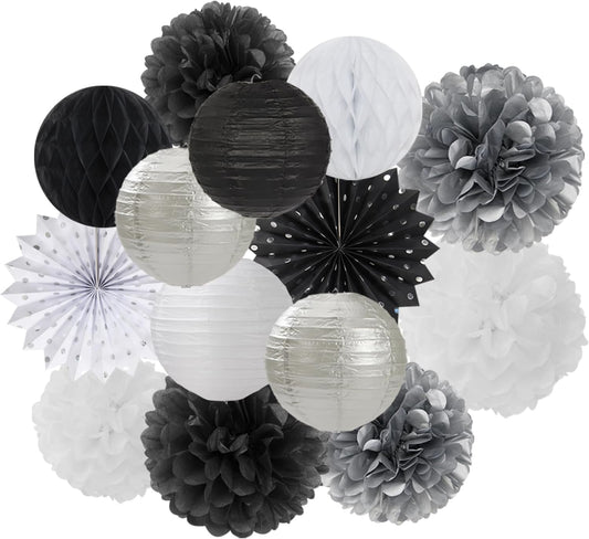 Black White Silver Party-Decorations Streamers-Lanterns - 14pc New Years Graduation 2025 Paper Fan