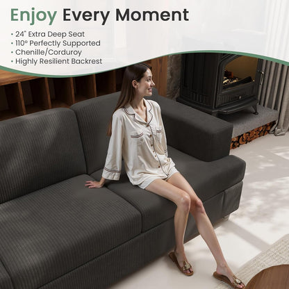 3 Seater Corduroy Couch for Living Room, 89” Black Cloud Sofa, Deep Seat Floor Couch for Bedroom