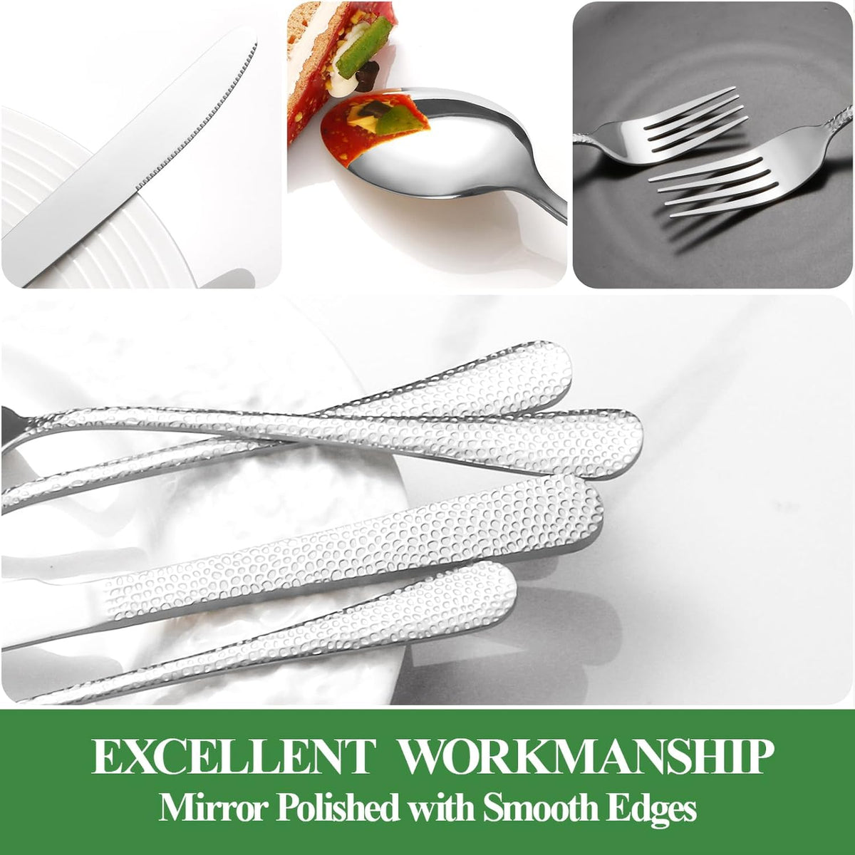40 Pcs Silverware Set for 8 with Hammered Design, Food Grade Stainless Steel Flatware Set, Eating