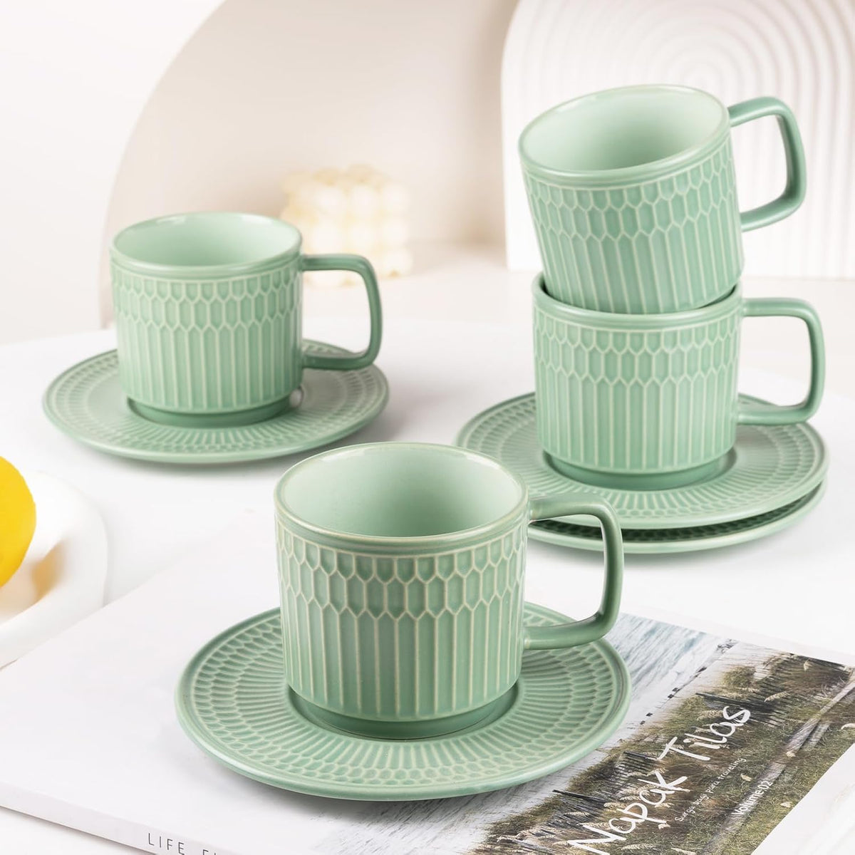 Large Cappuccino Cups with Saucers Set of 4, 8 Ounce Stackable Embossed Ceramic Coffee Mugs for