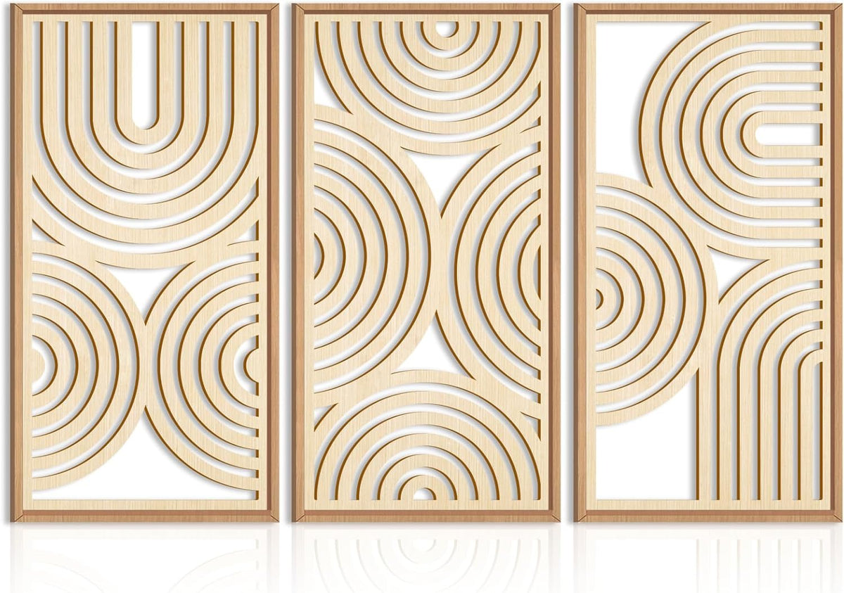 IARTTOP Large Boho Wood Wall Art Set of 3 Framed Wooden Mid-century Modern Wall Decor Minimalist
