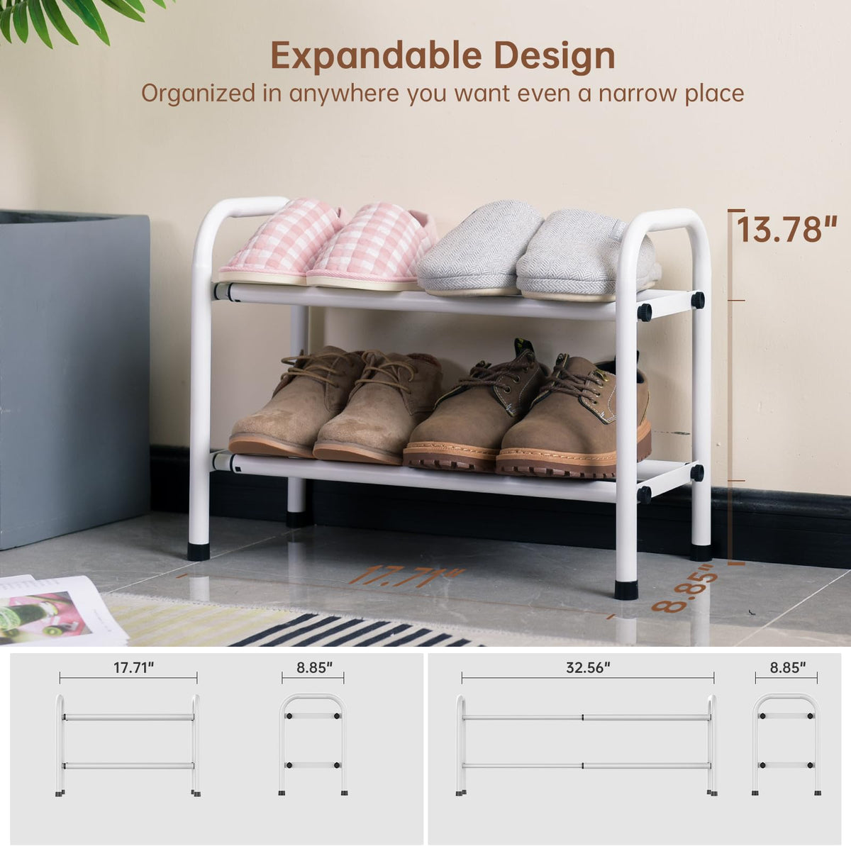 Gonfoam Expandable 2-Tier Shoe Rack for Closet and Entryway, White