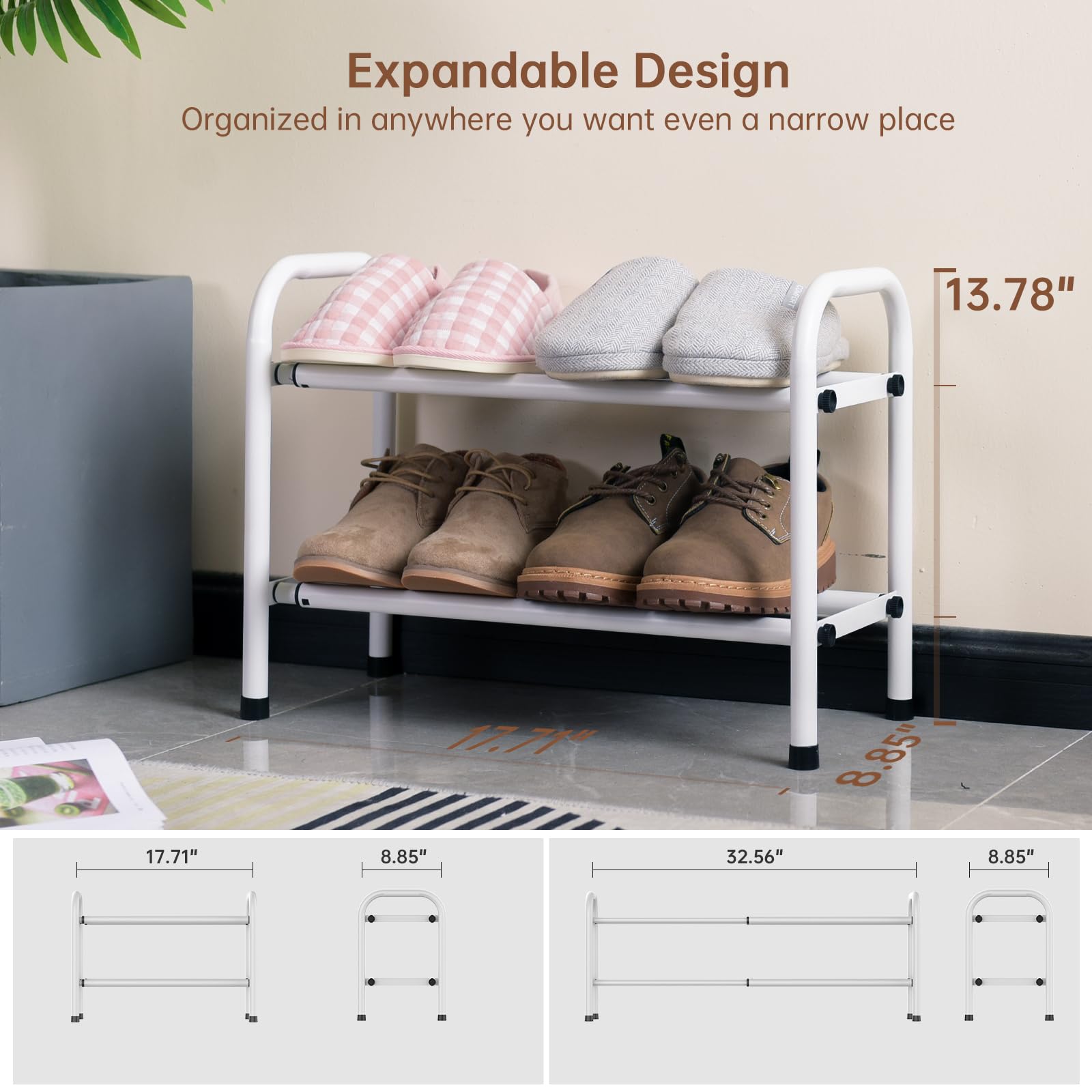Gonfoam Expandable 2-Tier Shoe Rack for Closet and Entryway, White