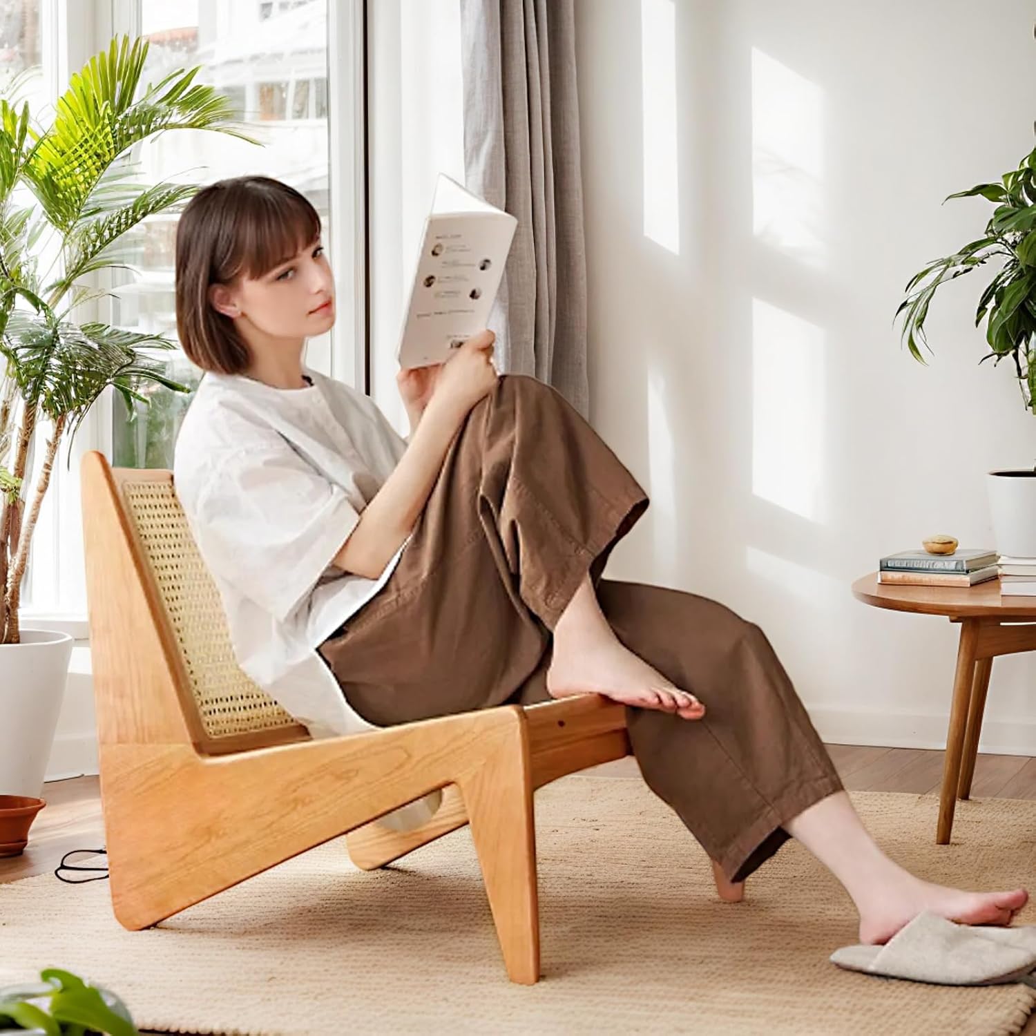 Rattan Chair 2Pcs, Mid Century Modern Accent Chair, Leisurely Reading Chair for Living Room（Wood）