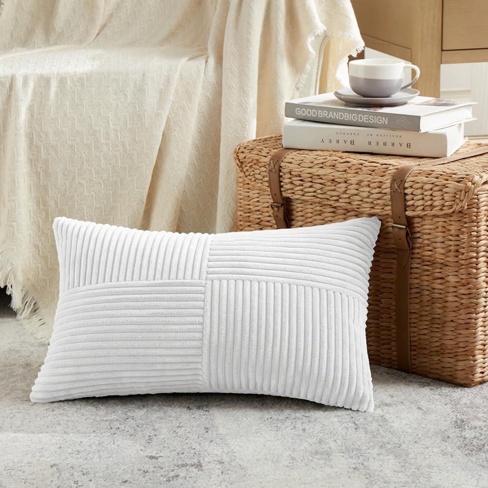 Fancy Homi 2 Packs White Lumbar Decorative Throw Pillow Covers 12x20 Inch for Living Room Couch Bed
