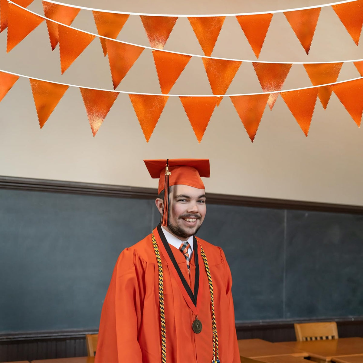 Orange Party Decorations Metallic Fabric Triangle Pennant Banner Flag Bunting Garland for Fall