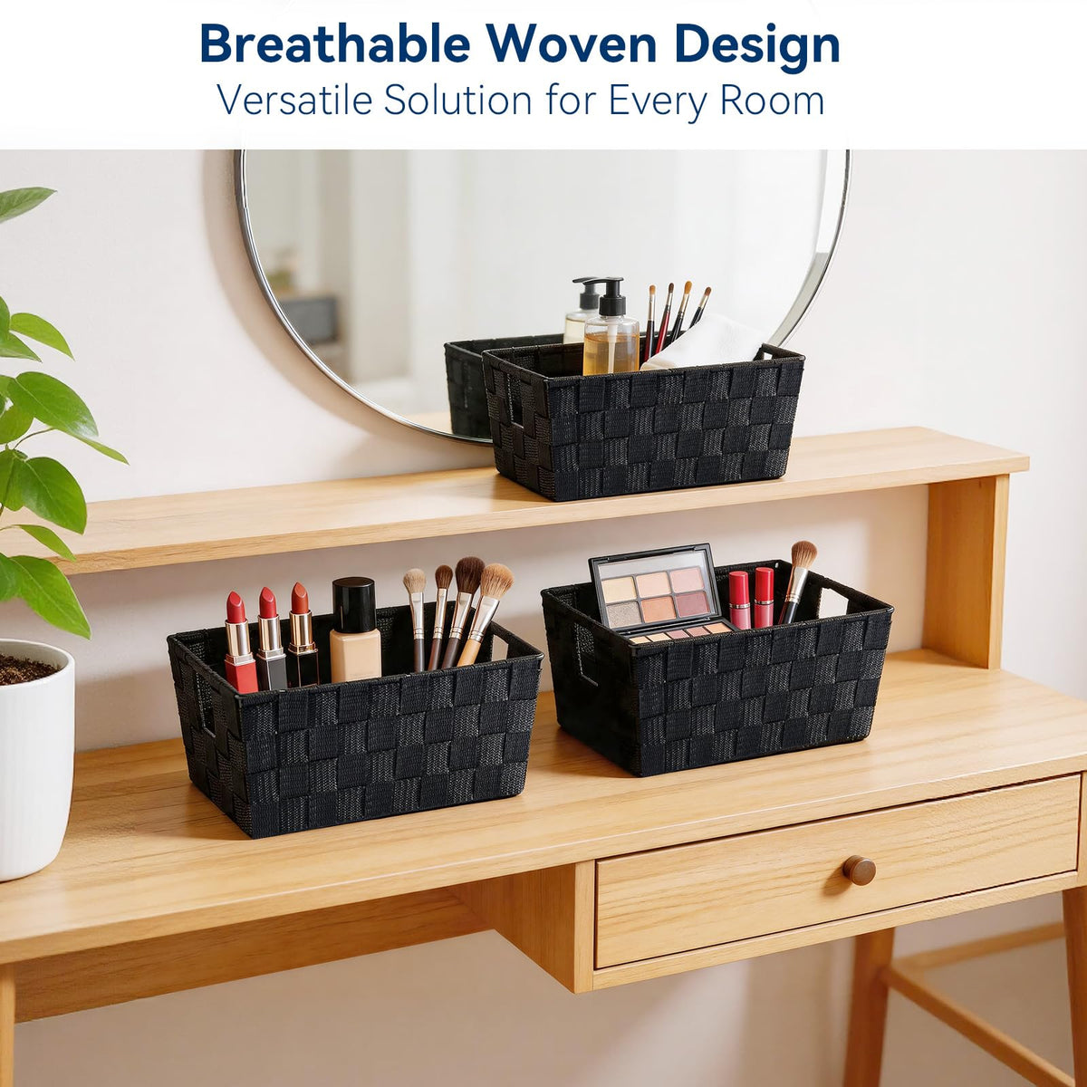 Whitmor Small Woven Storage Baskets for Shelves - Decorative Organizer Bins with Metal Structure