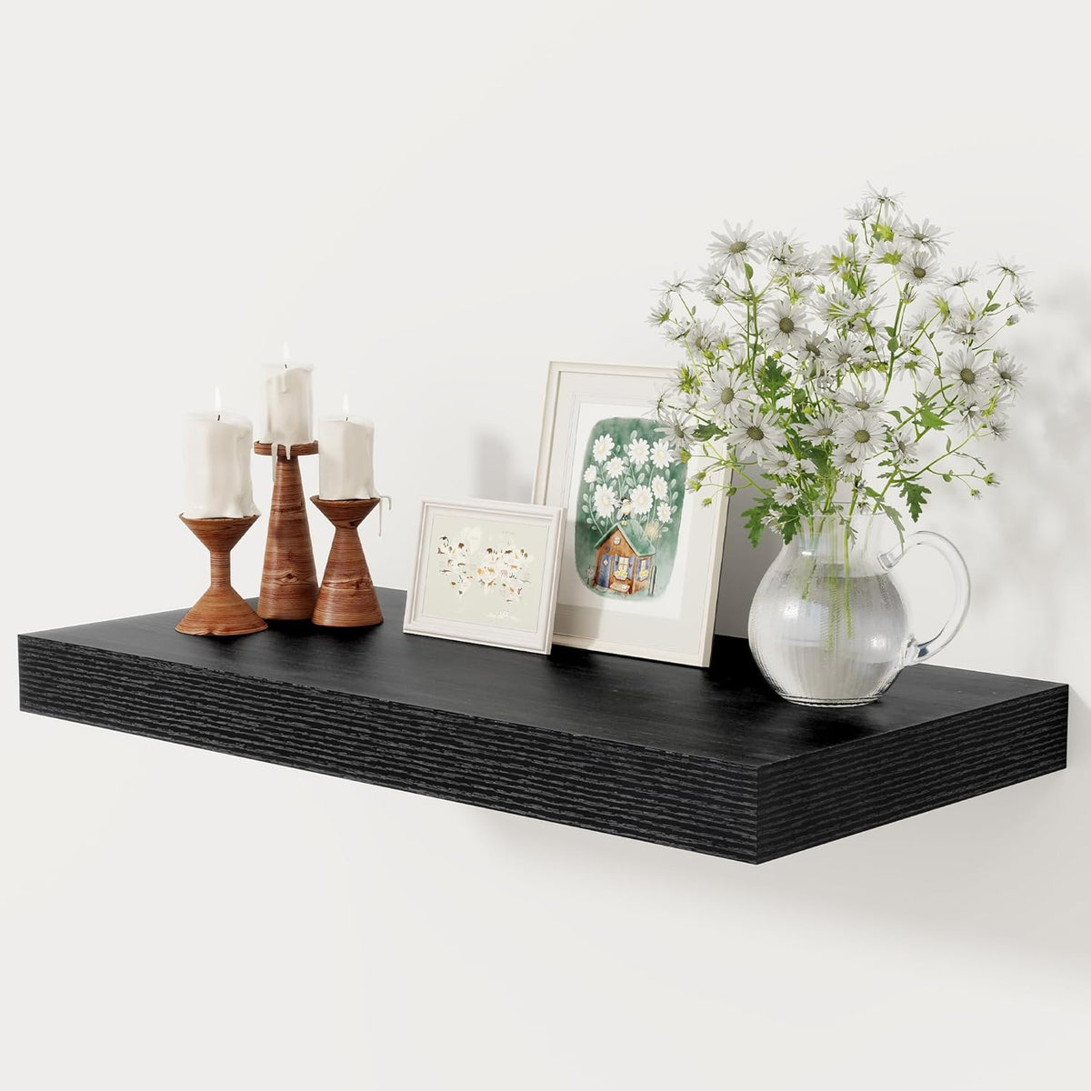 12 Inch Deep Black Floating Shelves, 24 x 12 Floating Shelf for Books, Rustic Wood Deep Wall