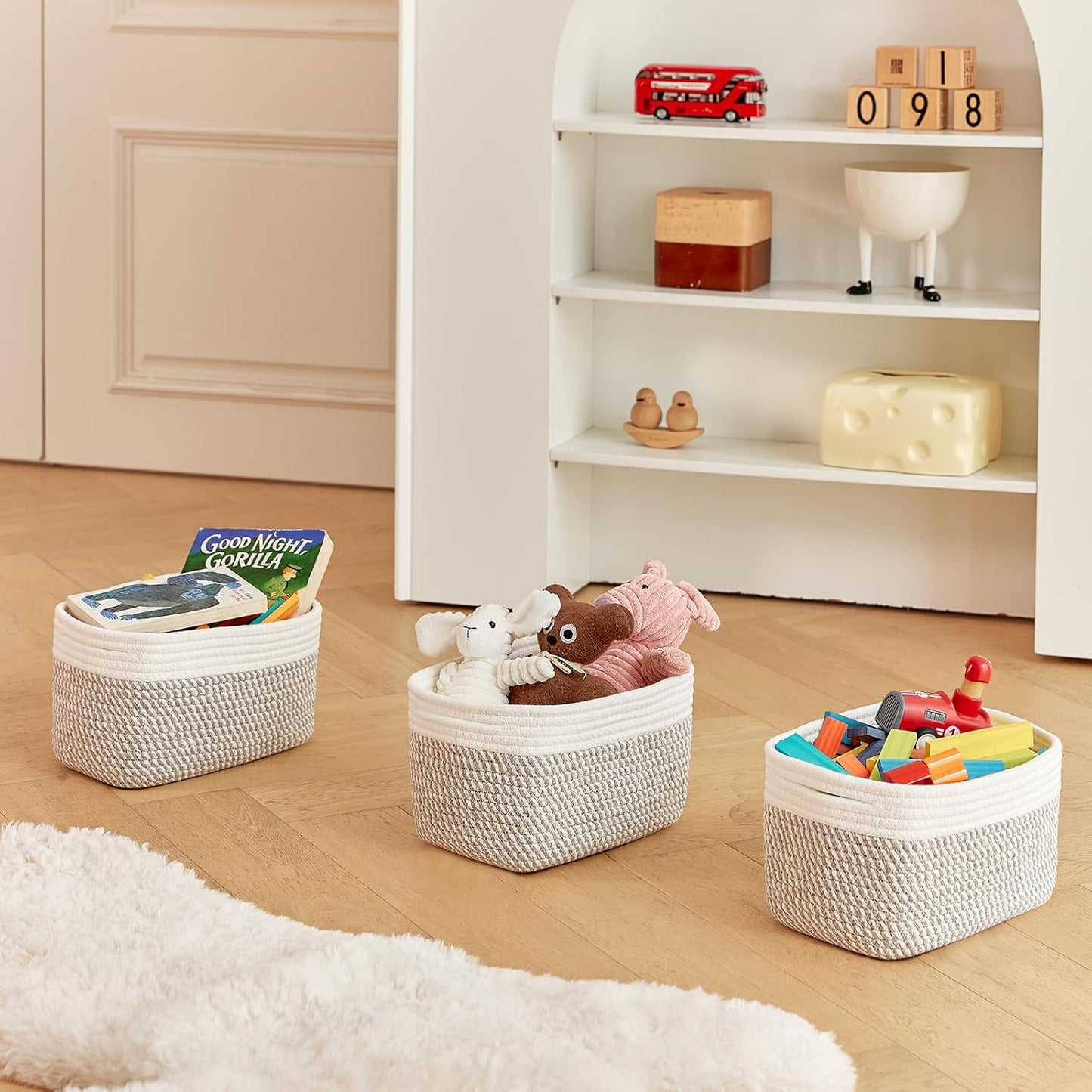 Small Cotton Rope Storage Basket Set of 3-11"x7"x7" Perfect Woven Baskets for Storage, Ideal