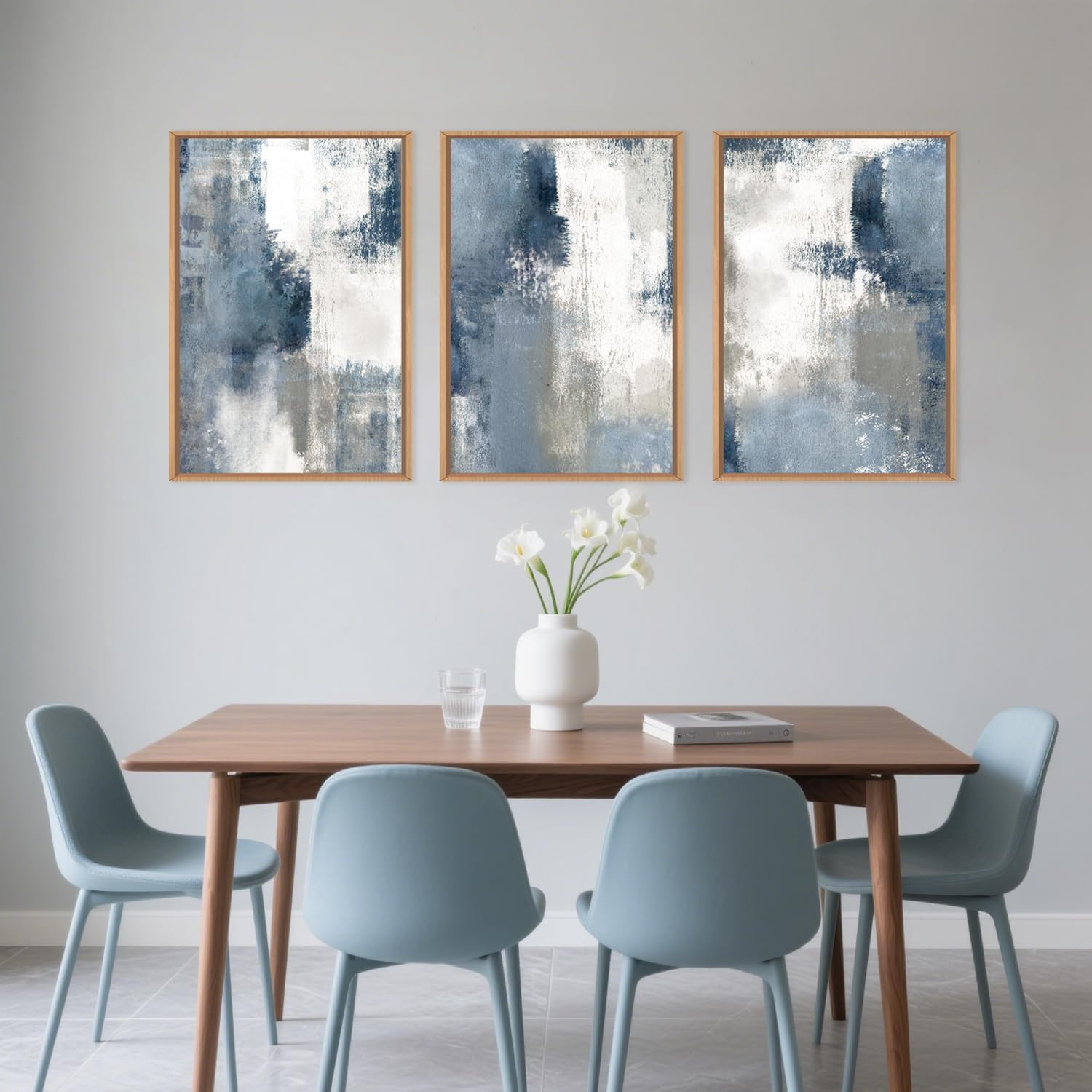 LHIUEM Large Abstract Brush Strokes Framed Canvas Wall Art Set,Navy Blue and Gray Wall Decor,Modern