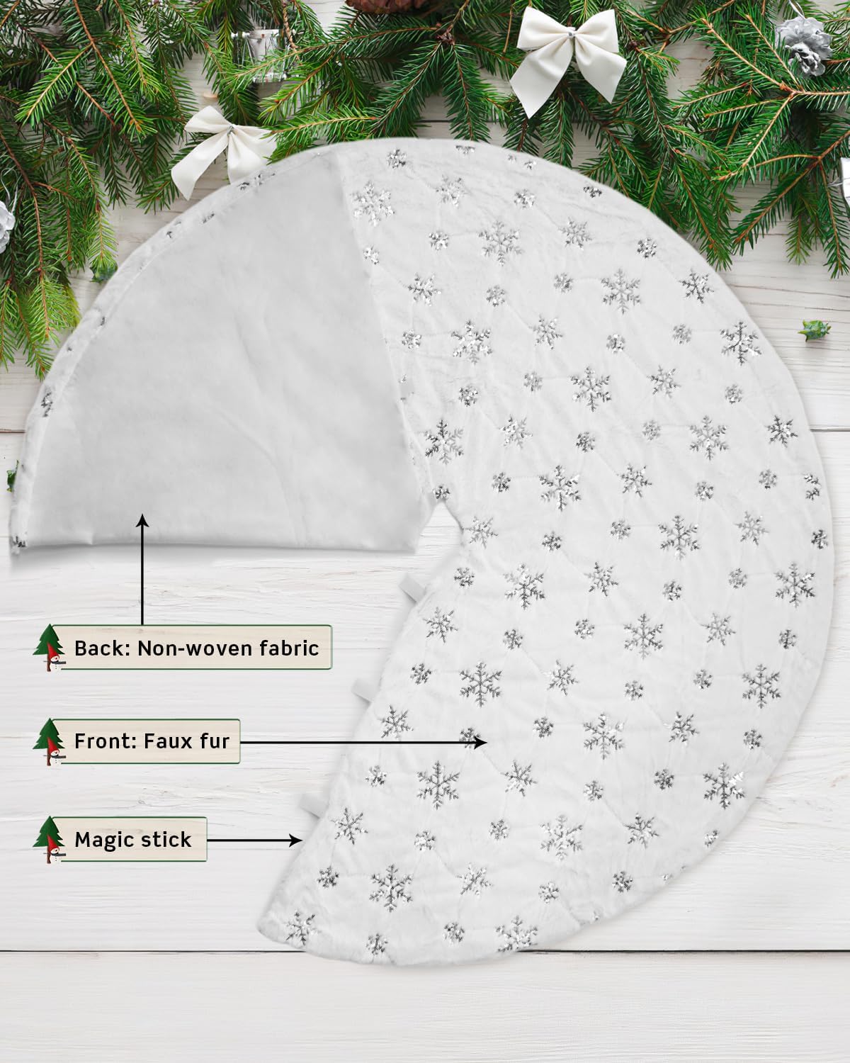 COOLWUFAN 72 Inches Christmas Tree Skirt for Xmas Tree Holiday Party Decorations White Plush Silver