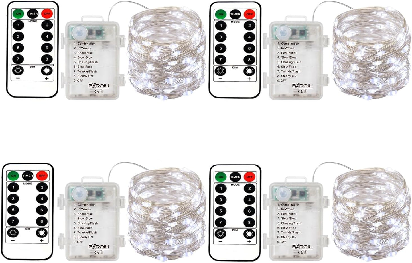 4 x Fairy Lights Battery Operated, Silver Wire Chains 8 Mode 5M 50 LEDs Timer String Lights with