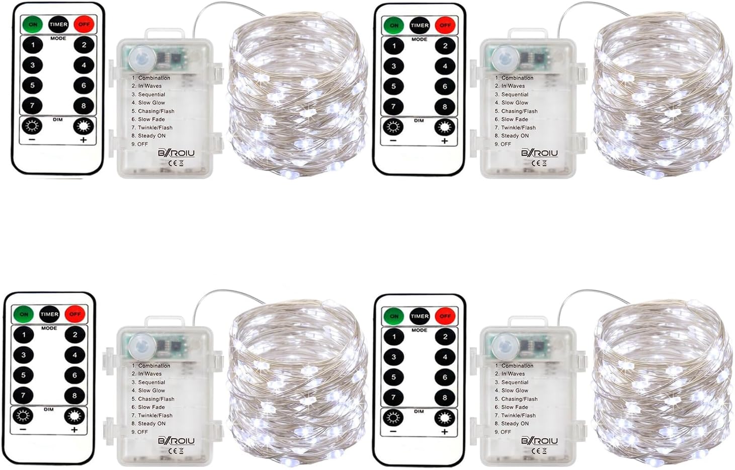 4 x Fairy Lights Battery Operated, Silver Wire Chains 8 Mode 5M 50 LEDs Timer String Lights with