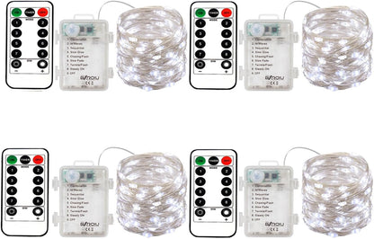 4 x Fairy Lights Battery Operated, Silver Wire Chains 8 Mode 5M 50 LEDs Timer String Lights with