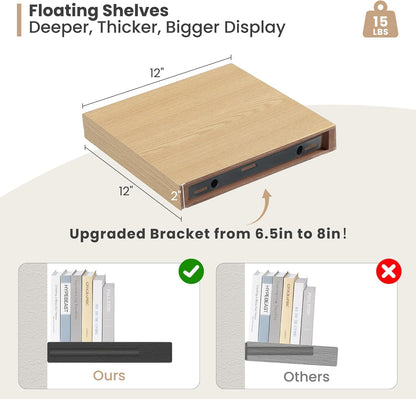 Heimlove 12 Inch Deep Floating Shelves, 12 x 12 inches Long Wall Shelf, Large Extra Display Shelf &