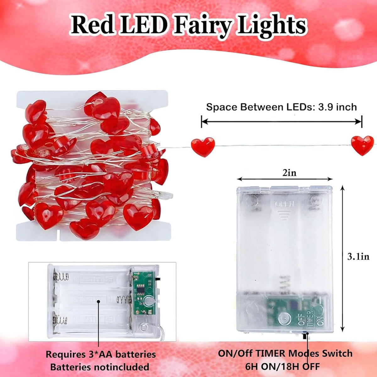 10FT Red Heart Fairy Lights Battery Operated with Timer for Mothers Day Decoration, LED String